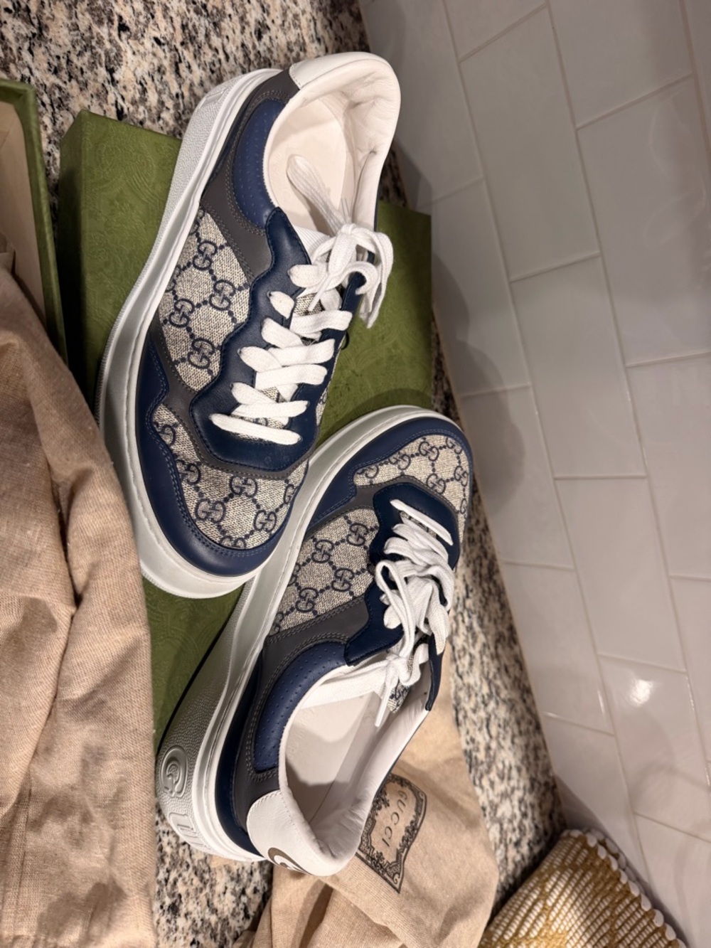 Gucci Navy, White & Gray GG Canvas Low-Top Sneakers